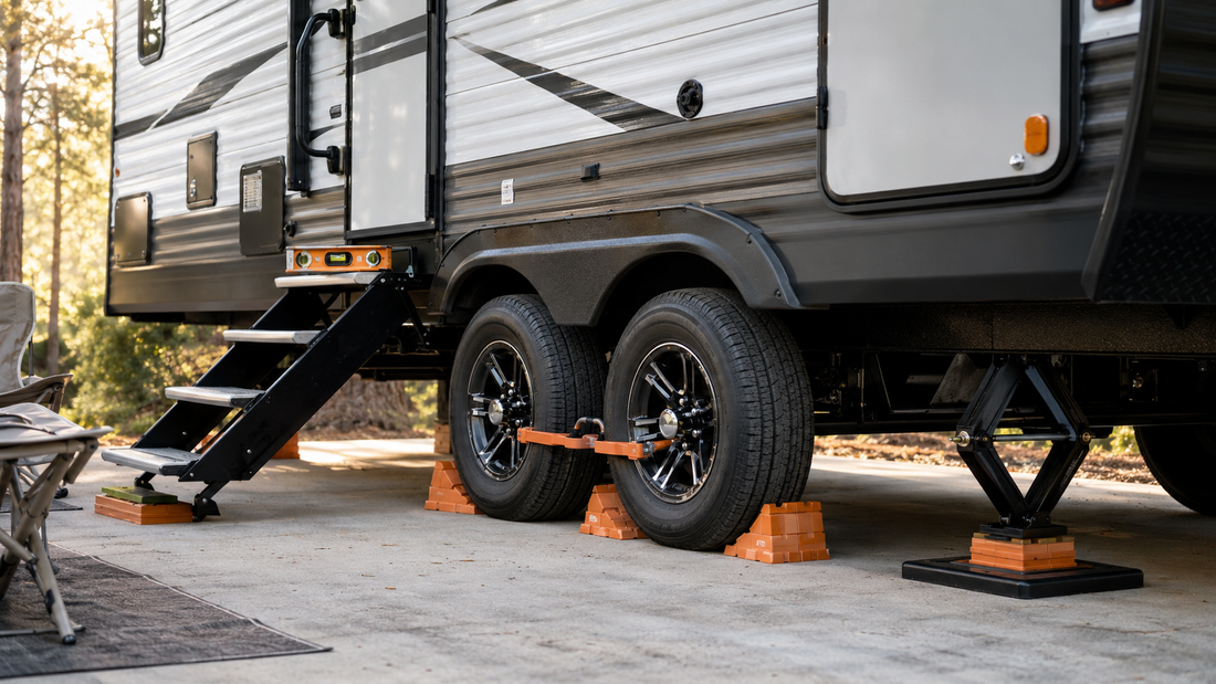 Travel trailer wheel chocks, leveling blocks, and stabilizer jack