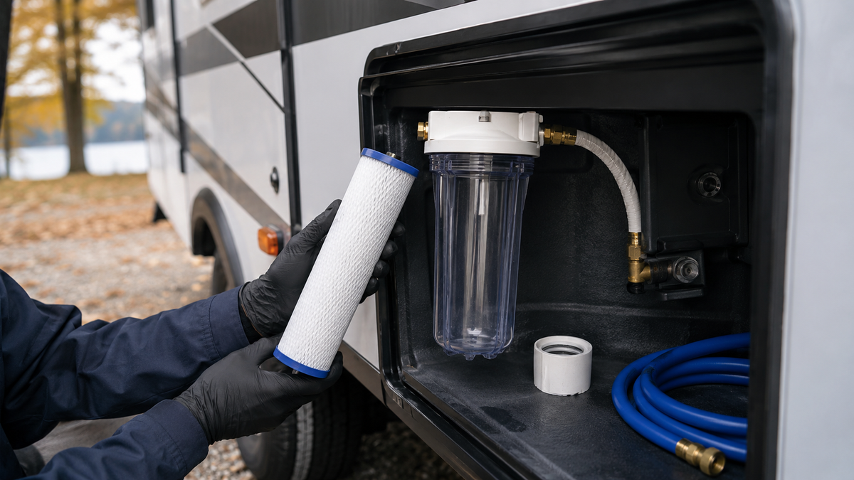 Removing an RV water-filter cartridge before winterization