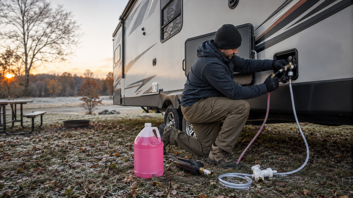 RV water-system winterization at a travel trailer