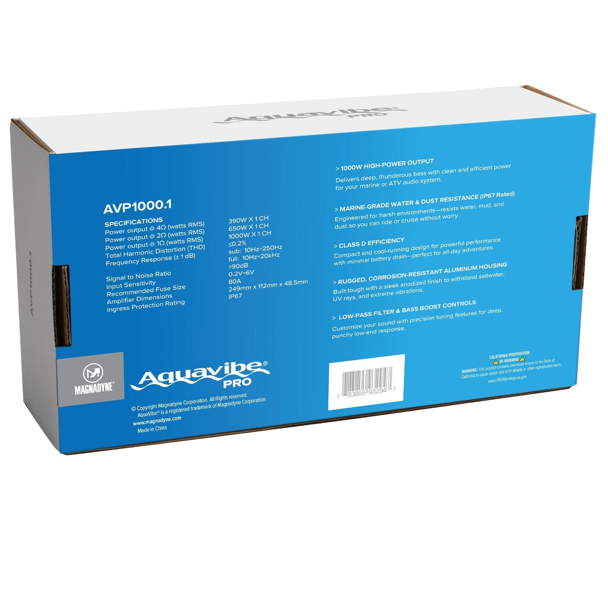 AquaVibe Pro Mono-Channel Class D 1000-Watt Marine Amplifier IP67 Rated