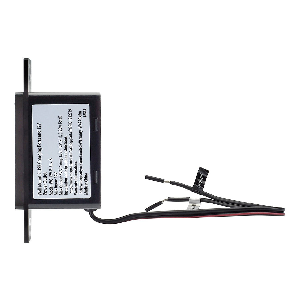 Magnadyne WCP-12V-B | Wall Mount USB Charger | 2 Ports and 12V Power Outlet w/ Wall Plate