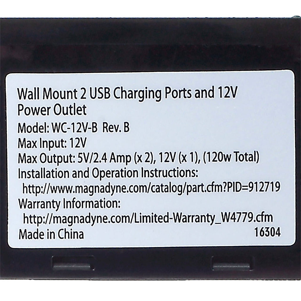 Magnadyne WCP-12V-B | Wall Mount USB Charger | 2 Ports and 12V Power Outlet w/ Wall Plate