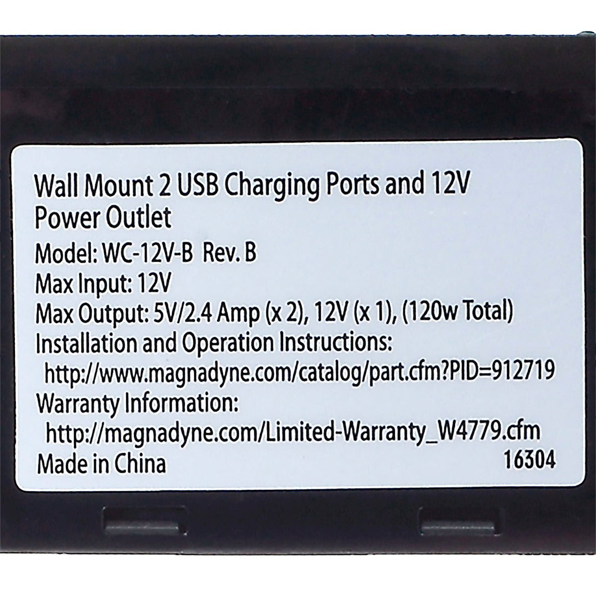 Magnadyne WCP-12V-B | Wall Mount USB Charger | 2 Ports and 12V Power Outlet w/ Wall Plate